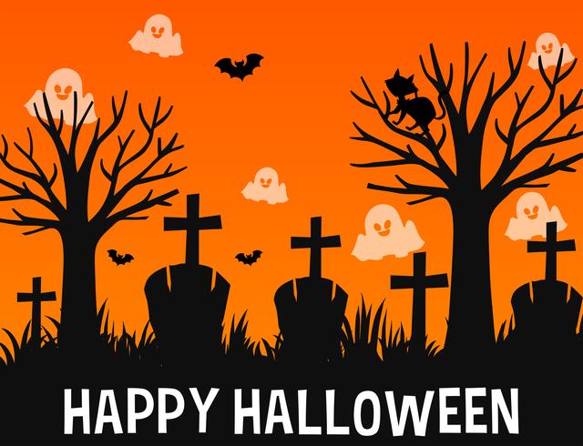 Glückliches Halloween-Plakatdesign mit Geistern im Friedhof vektor