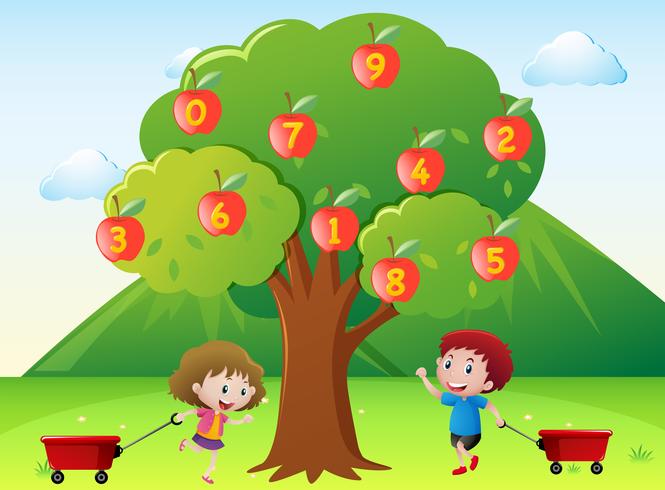 Glückliche Kinder und Zahlen auf Apfelbaum vektor