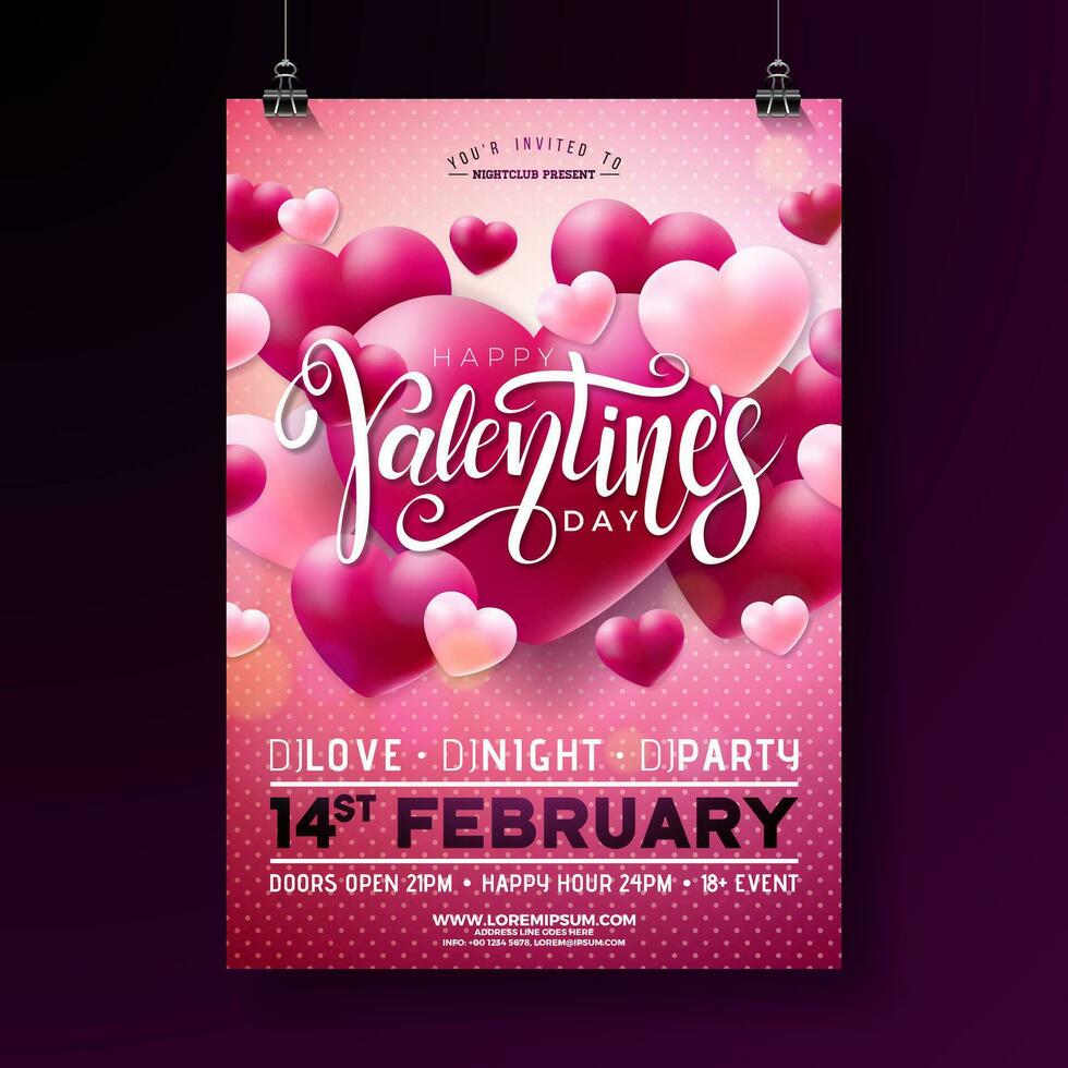 Vektor Valentinsgrüße Tag Party Flyer Design mit Typografie und Ballon Herz auf Rosa Hintergrund. Liebe Feier Poster Vorlage zum Einladung oder Gruß Karte.