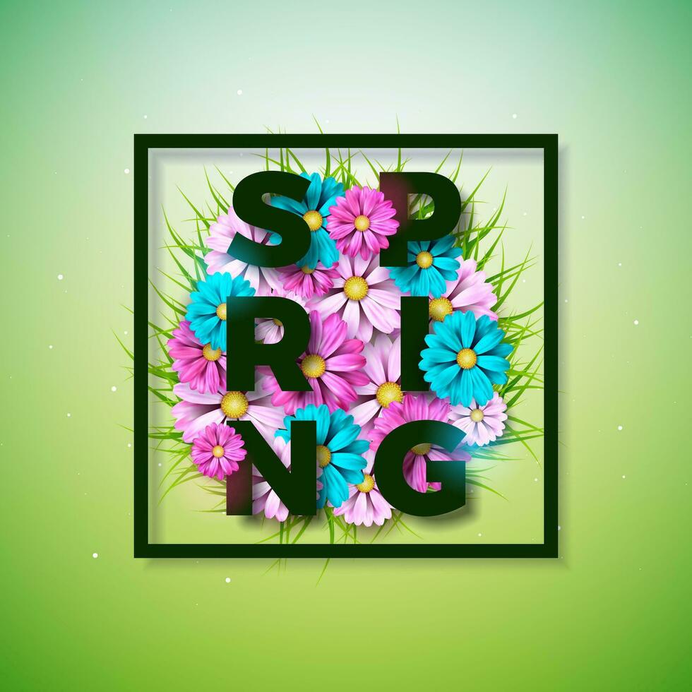 vektor illustration på en vår natur tema med skön färgrik blomma på grön bakgrund. blommig design mall med typografi brev för baner, flygblad, inbjudan, affisch eller hälsning kort.