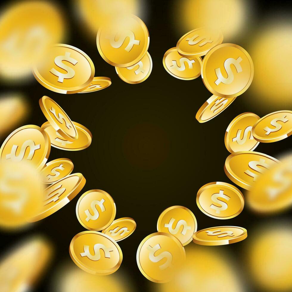 vektor illustration på en kasino tema med realistisk faller guld mynt med dollar tecken på mörk färgrik bakgrund. hasardspel design för hälsning kort, affisch, inbjudan eller promo baner.