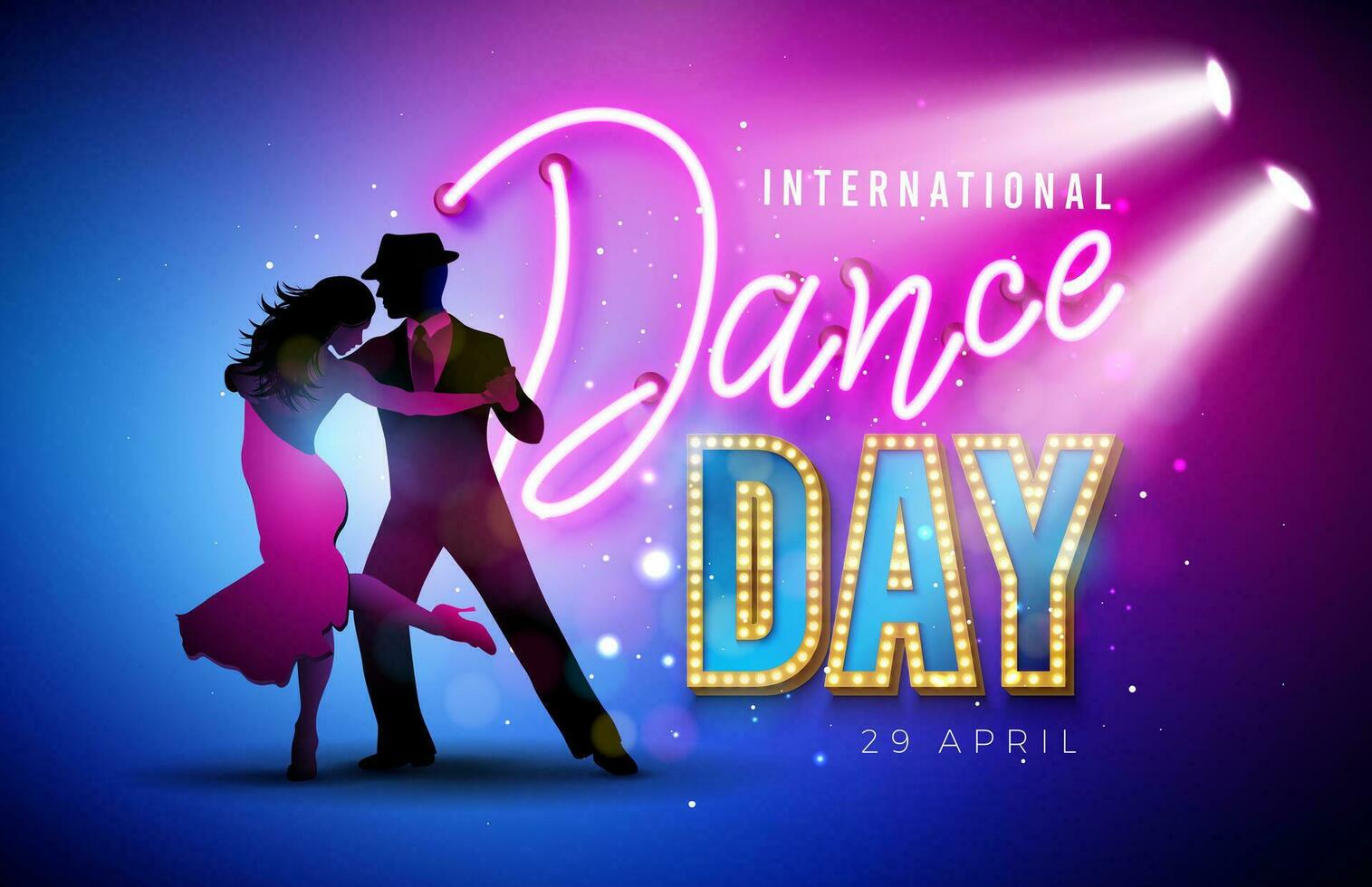International tanzen Tag Vektor Illustration mit Tango Tanzen Paar und hell Neon- Licht Beschriftung auf glänzend bunt Hintergrund. April 29 Feier Design Vorlage zum Banner, Flyer, Einladung