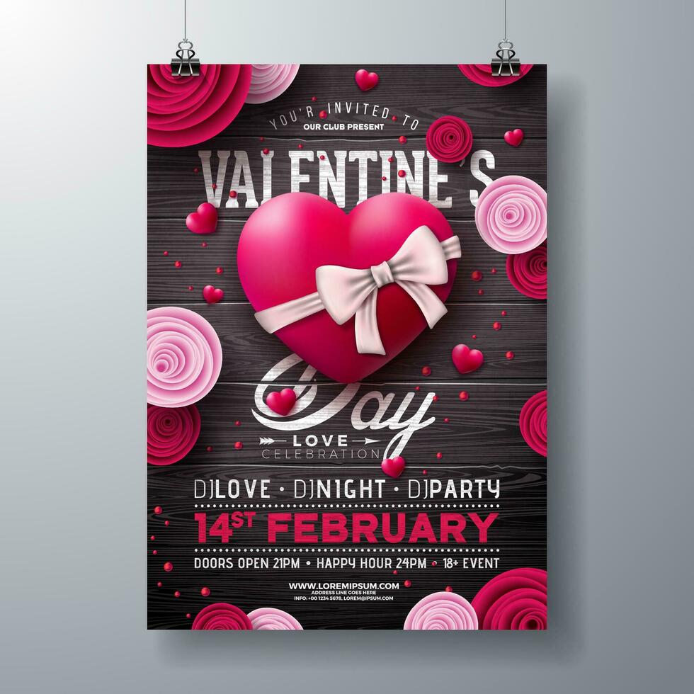 Vektor Valentinsgrüße Tag Party Flyer Design mit Rose Blume, rot Herz und Bogen auf Jahrgang Holz Hintergrund. Vektor Heilige Valentinstag Tag romantisch Liebe Feier Design zum Flyer, Gruß Karte, Banner