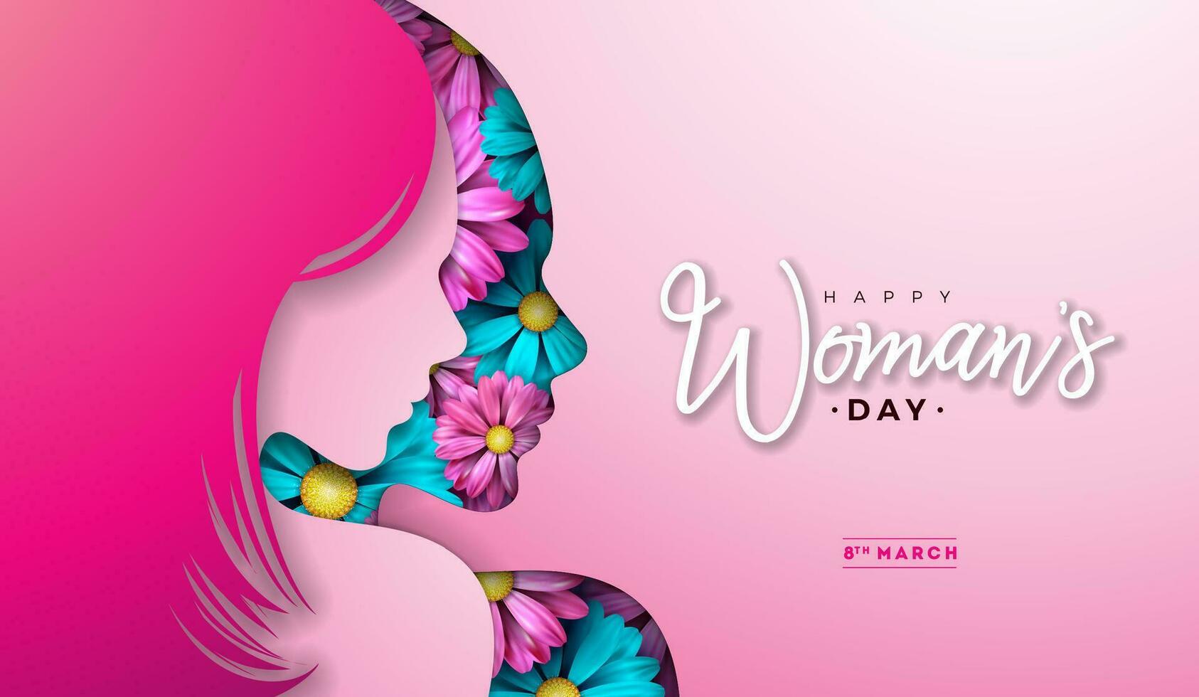 8 Mars. kvinnor dag hälsning kort design med ung kvinna silhuett och blomma. internationell kvinna Semester illustration med typografi brev på rosa bakgrund. vektor calebration mall.