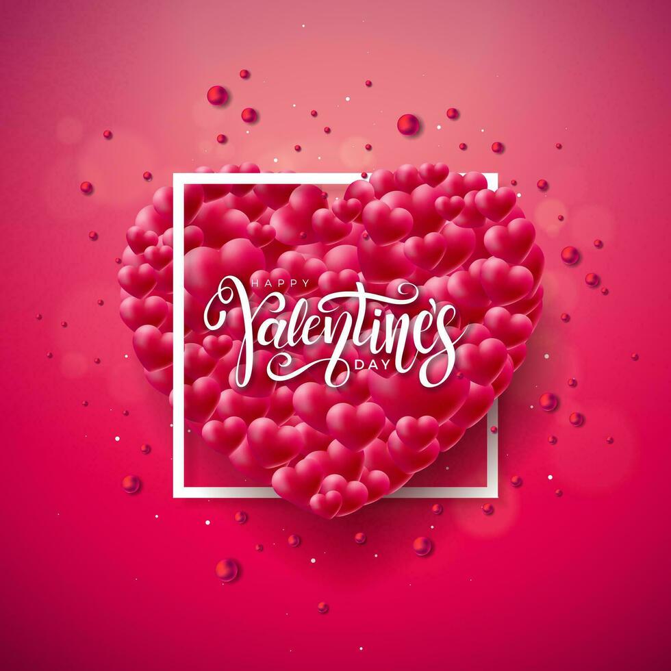 Lycklig valentines dag design med röd hjärta, vit ram och typografi brev på skinande röd bakgrund. vektor bröllop och romantisk kärlek valentine tema illustration för flygblad, hälsning kort, baner