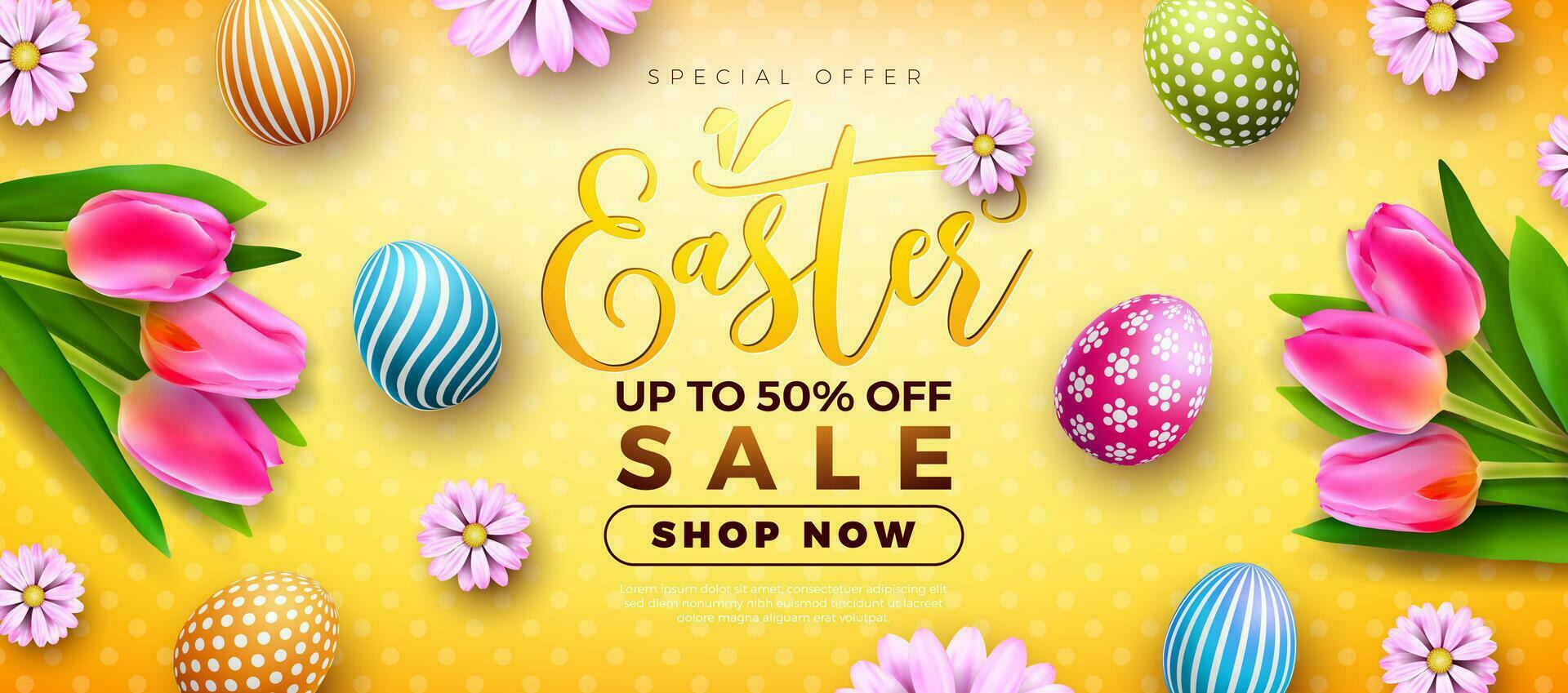 Ostern Verkauf Illustration mit bunt gemalt Ei, Frühling Blume und Tulpe auf Gelb Hintergrund. Vektor Ostern Urlaub Design Vorlage zum Coupon, Netz Banner, Gutschein oder Werbung Poster.