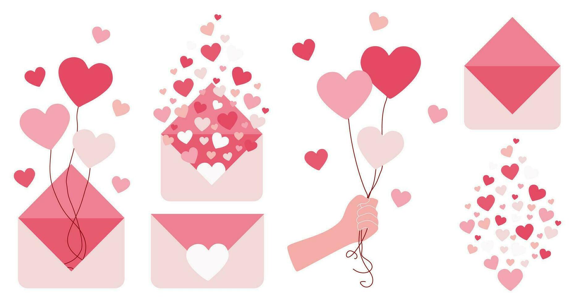 valentine klistermärke packa uppsättning. isolerat modern platt vektor illustration vit. kärlek post begrepp med hjärta form gest, innesluta, hand innehav ballonger. romantisk social media annonser, vykort, design konst