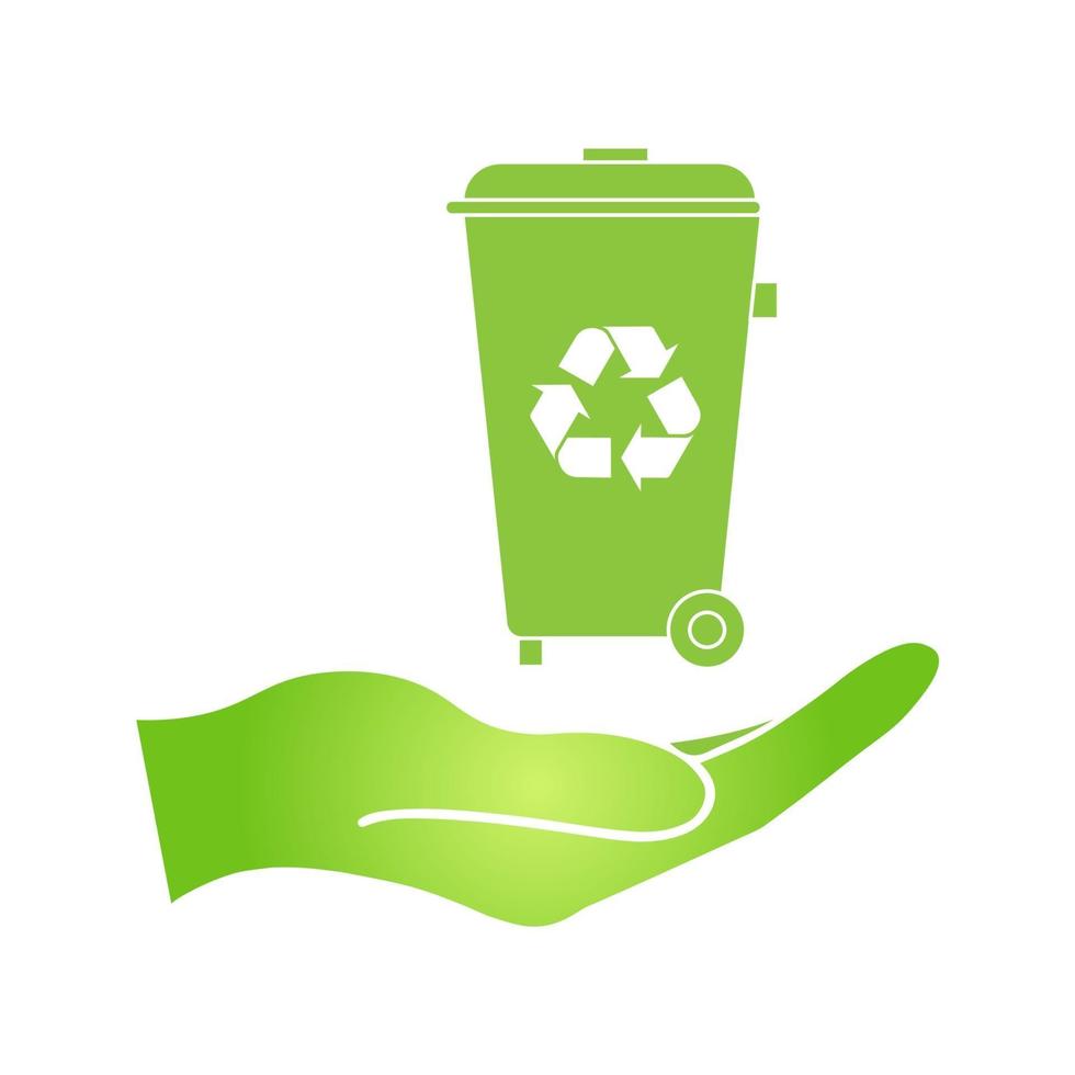 Hand mit Öko-Recycling-Schild am Mülleimer vektor