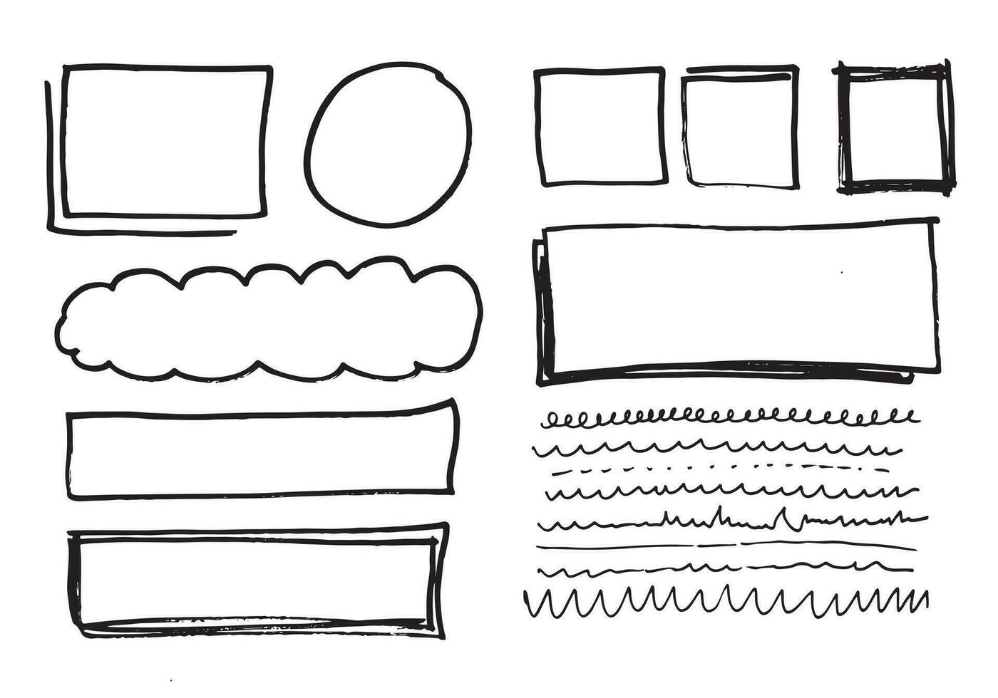 gekritzelvektorlinien und kurven. handgezeichnete scheck- und pfeilzeichen. satz einfacher kritzellinien, kurven, rahmen und punkte. Sammlung von Bleistifteffekten. Doodle-Grenze. einfaches Doodle-Set. vektor