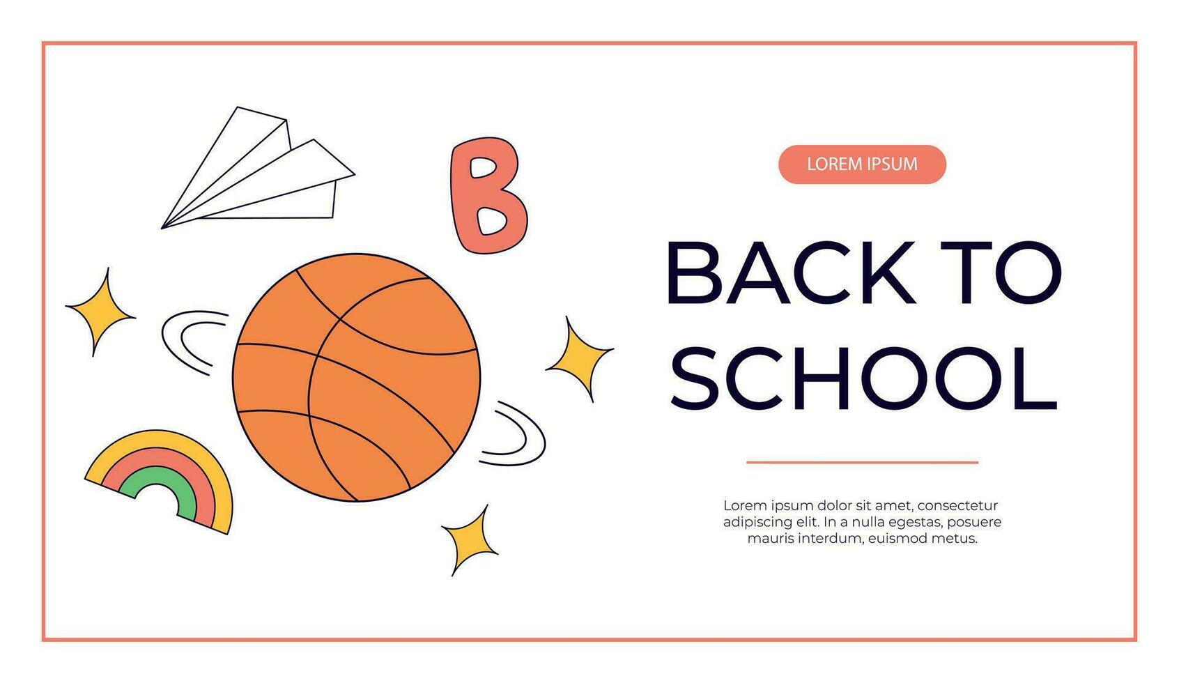 promo baner med skraj retro häftig basketboll boll, papper flygplan. tillbaka till skola. barns brevpapper, rolig studie skola förnödenheter. nostalgi 60-tal, 70-talet, 80s för affisch, omslag, reklam vektor