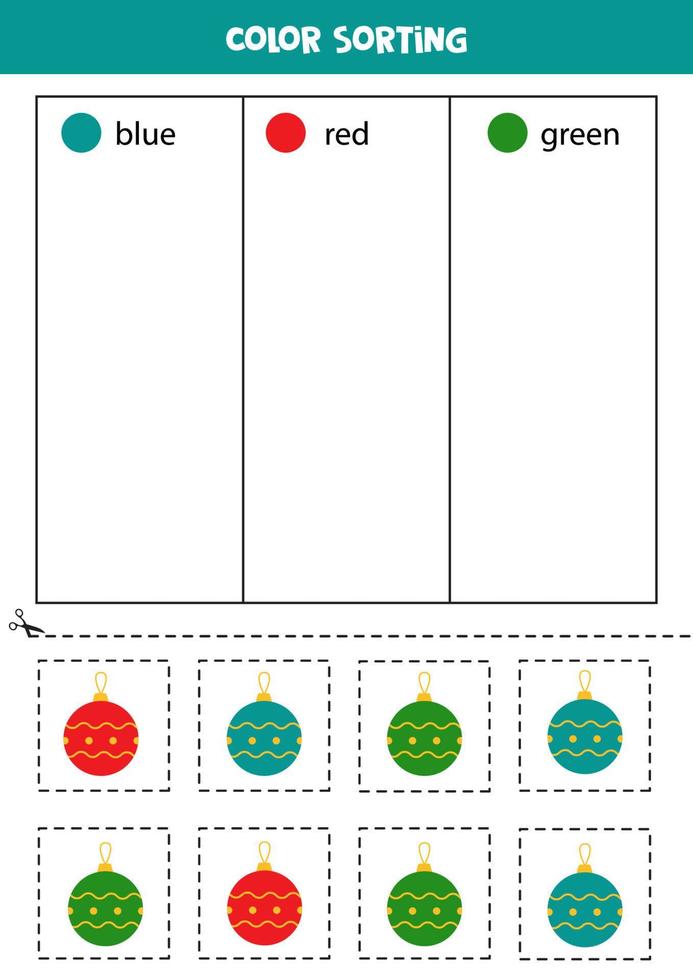 Weihnachtskugeln nach Farben sortieren. Farben lernen für Kinder. vektor