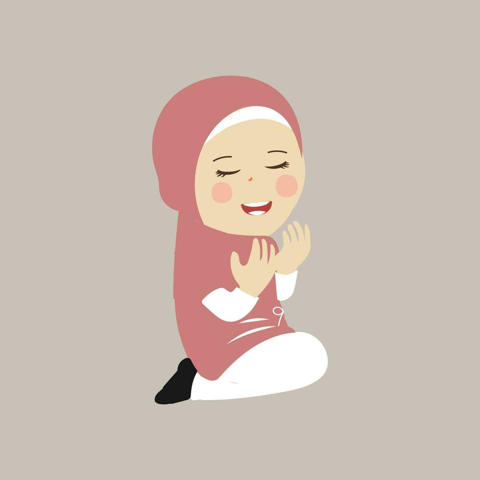 Muslim Kind, wenig Mädchen Ramadan Karikatur Vektor Illustration. süß weiblich Kind im traditionell Kleidung. glücklich und lächelnd Kinder Charakter im Kopftuch. Muslim Mädchen im anders Aktion