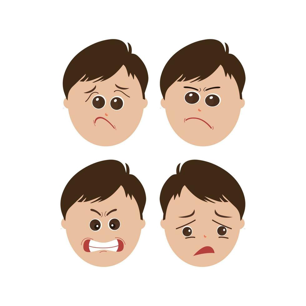 süß wenig Junge Gesichts- Ausdrücke. Vektor von Kind Gesichter Illustration mit anders Emotionen eine solche wie Glücklich, lächelnd, Lachen, zwinkert, wütend, verwirrt, besorgt.