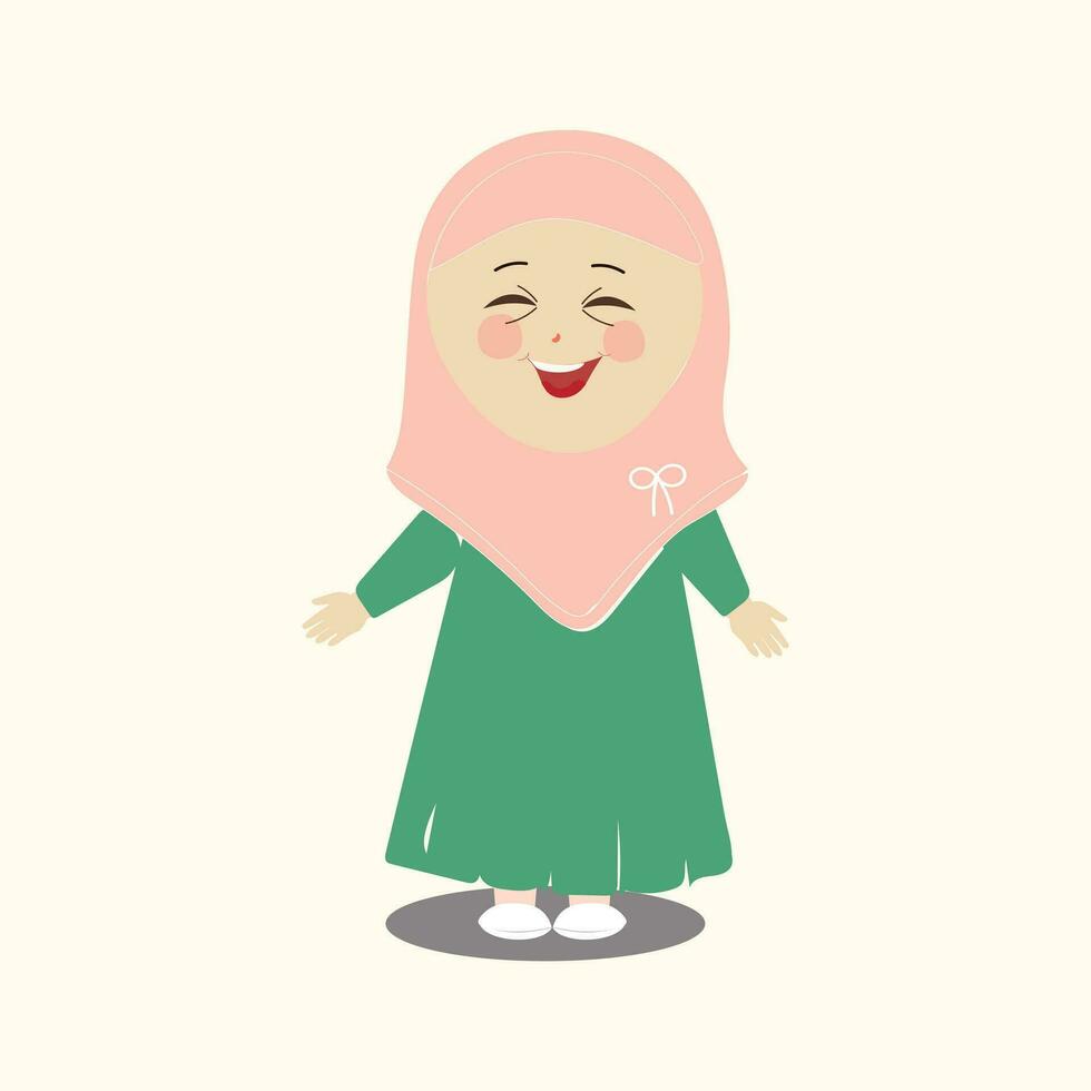 muslim unge, liten flicka ramadan tecknad serie vektor illustration. söt kvinna barn i traditionell kläder. Lycklig och leende barn karaktär i hijab. muslim flicka i annorlunda verkan