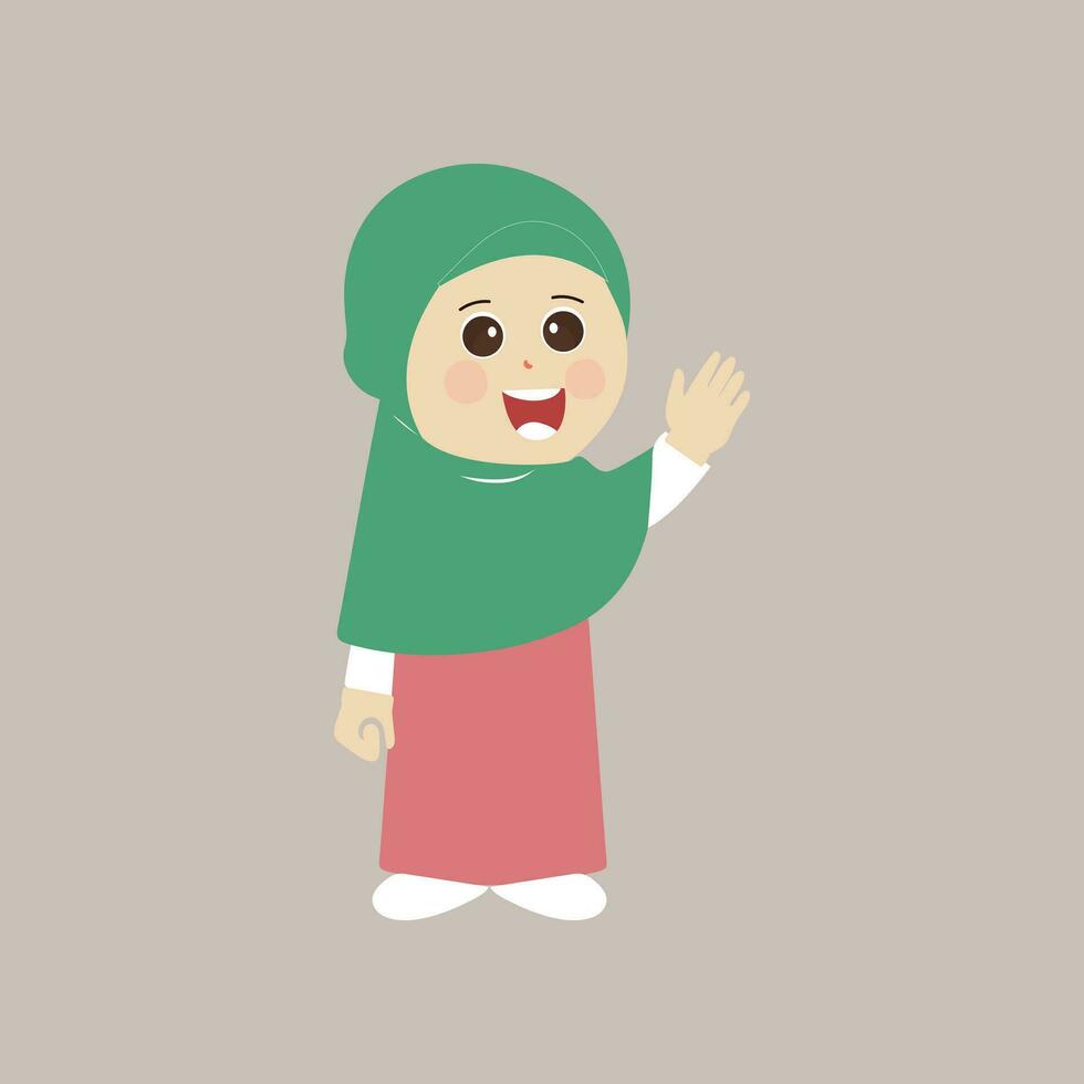 muslim unge, liten flicka ramadan tecknad serie vektor illustration. söt kvinna barn i traditionell kläder. Lycklig och leende barn karaktär i hijab. muslim flicka i annorlunda verkan