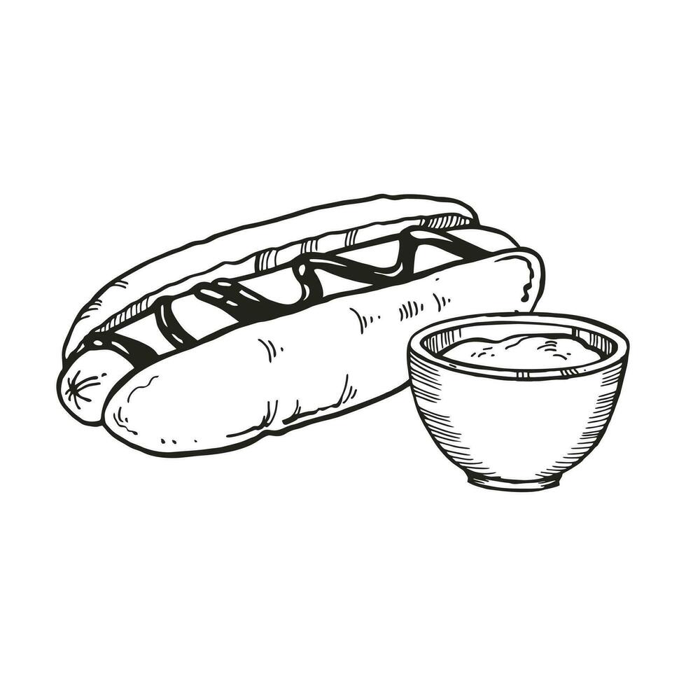 hand dragen vektor illustration av snabb mat, bläck skiss av varm hund i en bulle och med senap eller sås, svart och vit illustration av korv med sås isolerat på vit bakgrund
