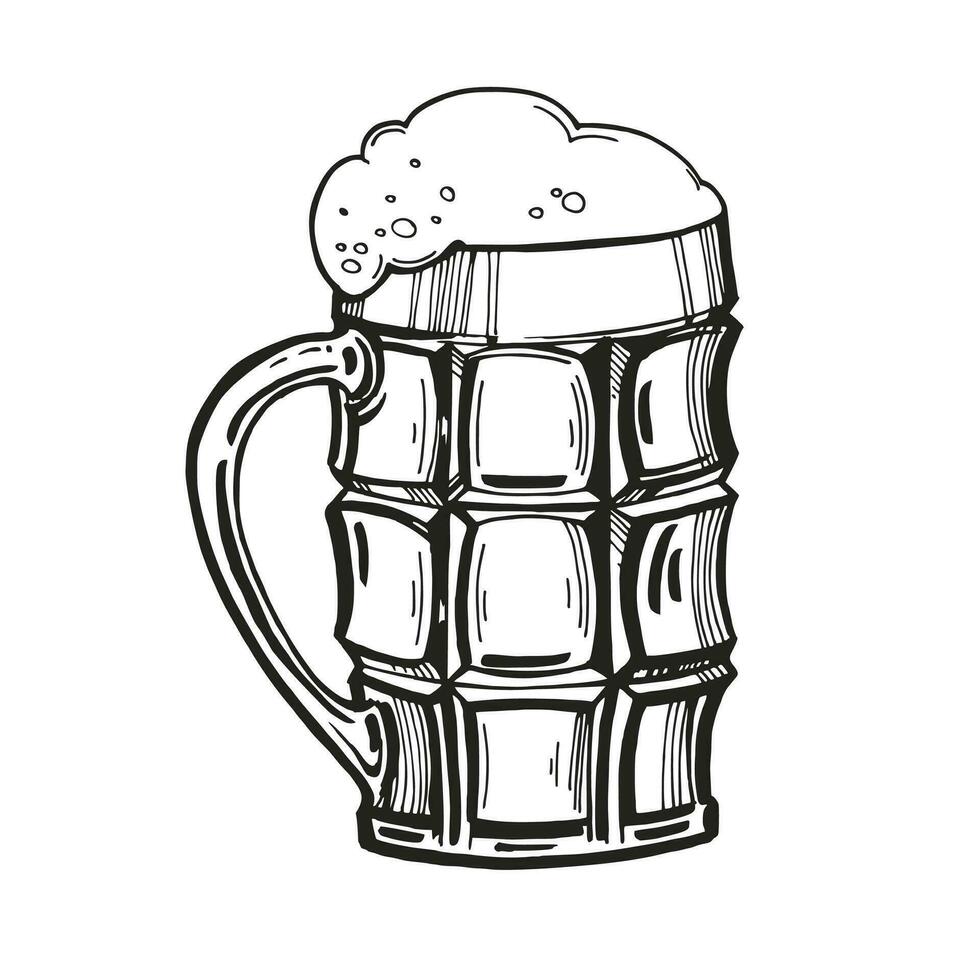 skizzieren von Glas von Bier, Hand gezeichnet Vektor Illustration von trinken mit ein Menge von Schaum, Bier Becher, Gekritzel Grafik, schwarz und Weiß Farbe, einfarbig