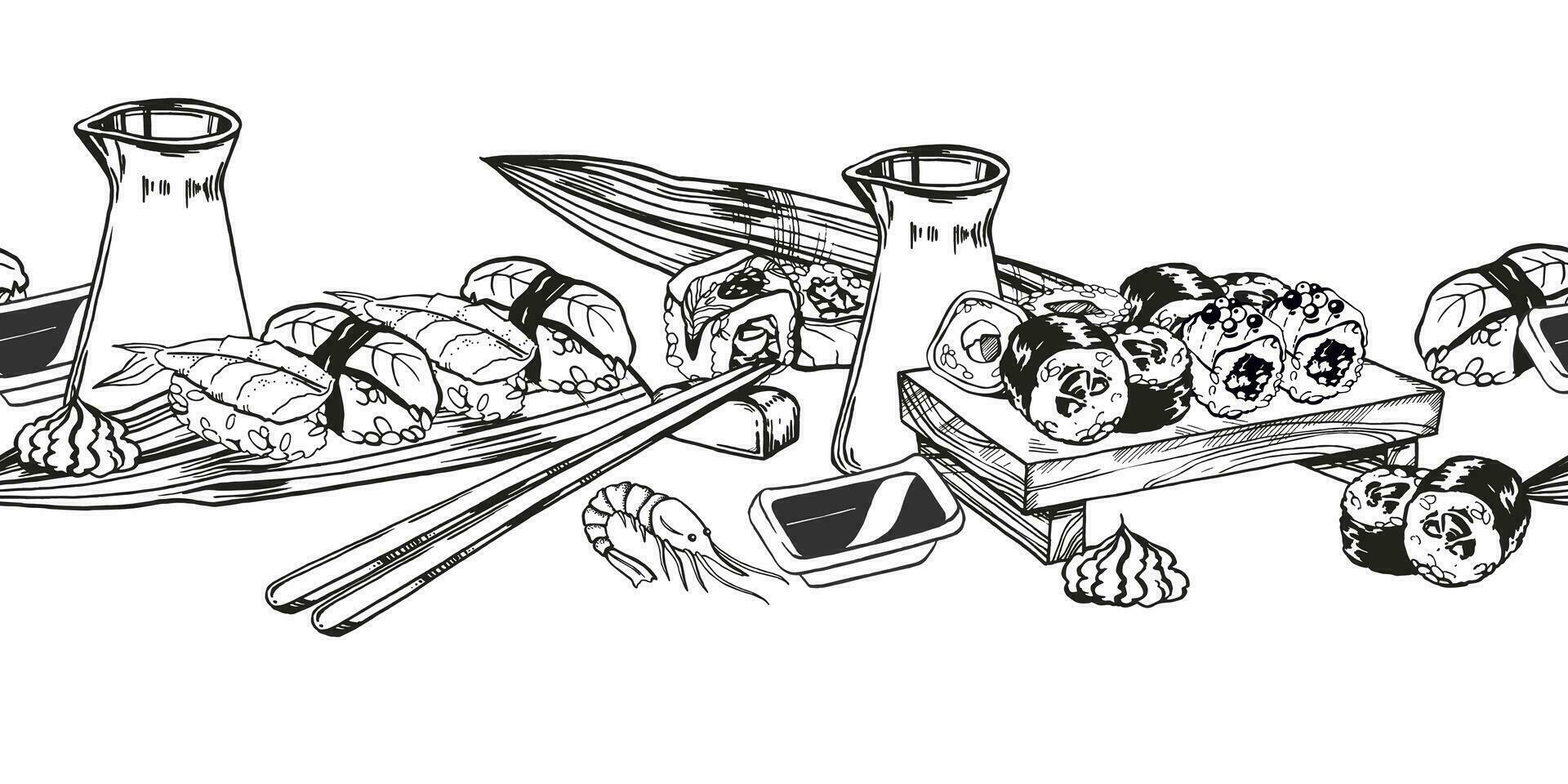 vektor sömlös gräns av japansk mat tema med rullar, sushi, sashimi, soja sås, ätpinnar, hand dragen inked svartvit skiss av skaldjur, mat illustration isolerat på vit bakgrund