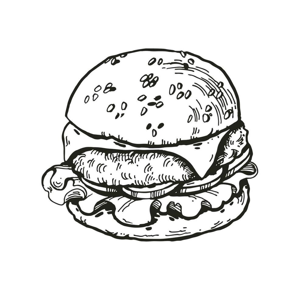 Vektor Illustration von Burger mit Fleisch, Zwiebel, Tomaten, Käse, Hand gezeichnet skizzieren von schnell Essen, isoliert auf Weiß Hintergrund, schwarz und Weiß Tinte Illustration