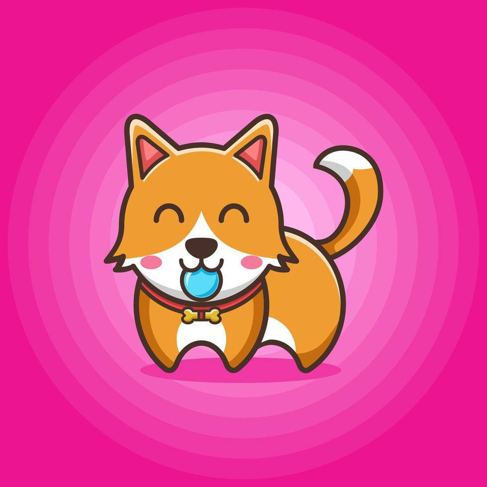 söt orange valp hund med leende ansikte och biter en blå boll i rosa bakgrund vektor