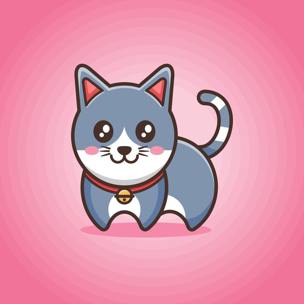 glückliche süße Katzenkarikatur mit grauer und weißer Farbe im flachen Design des rosa Hintergrundes vektor