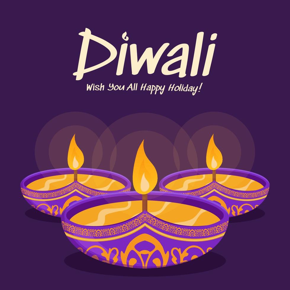 Fröhliches Diwali-Design mit Diya-Öllampenelementen auf violettem Hintergrund, Bokeh-Sparkling-Effekt, Diwali-Feier-Grußkarte. vektor