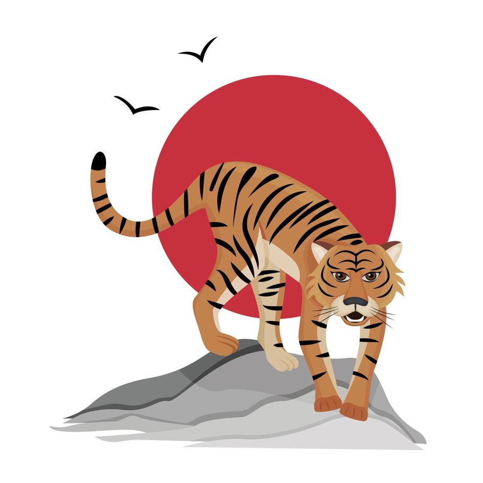 das östliche Tierkreissymbol von 2022, dem Jahr des Tigers. chinesischer tiger auf dem hintergrund der roten sonne. Vektor. vektor