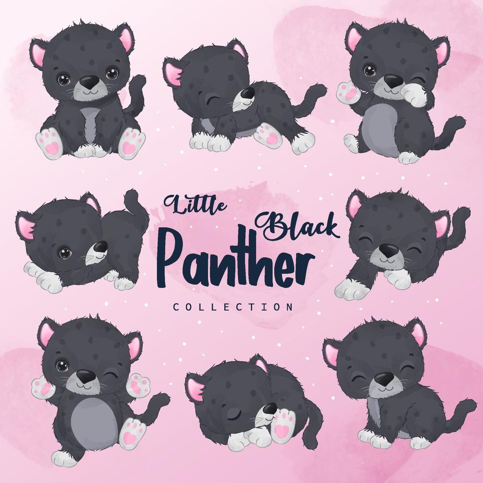 süße kleine schwarze phanter clipart sammlung in aquarellillustration vektor