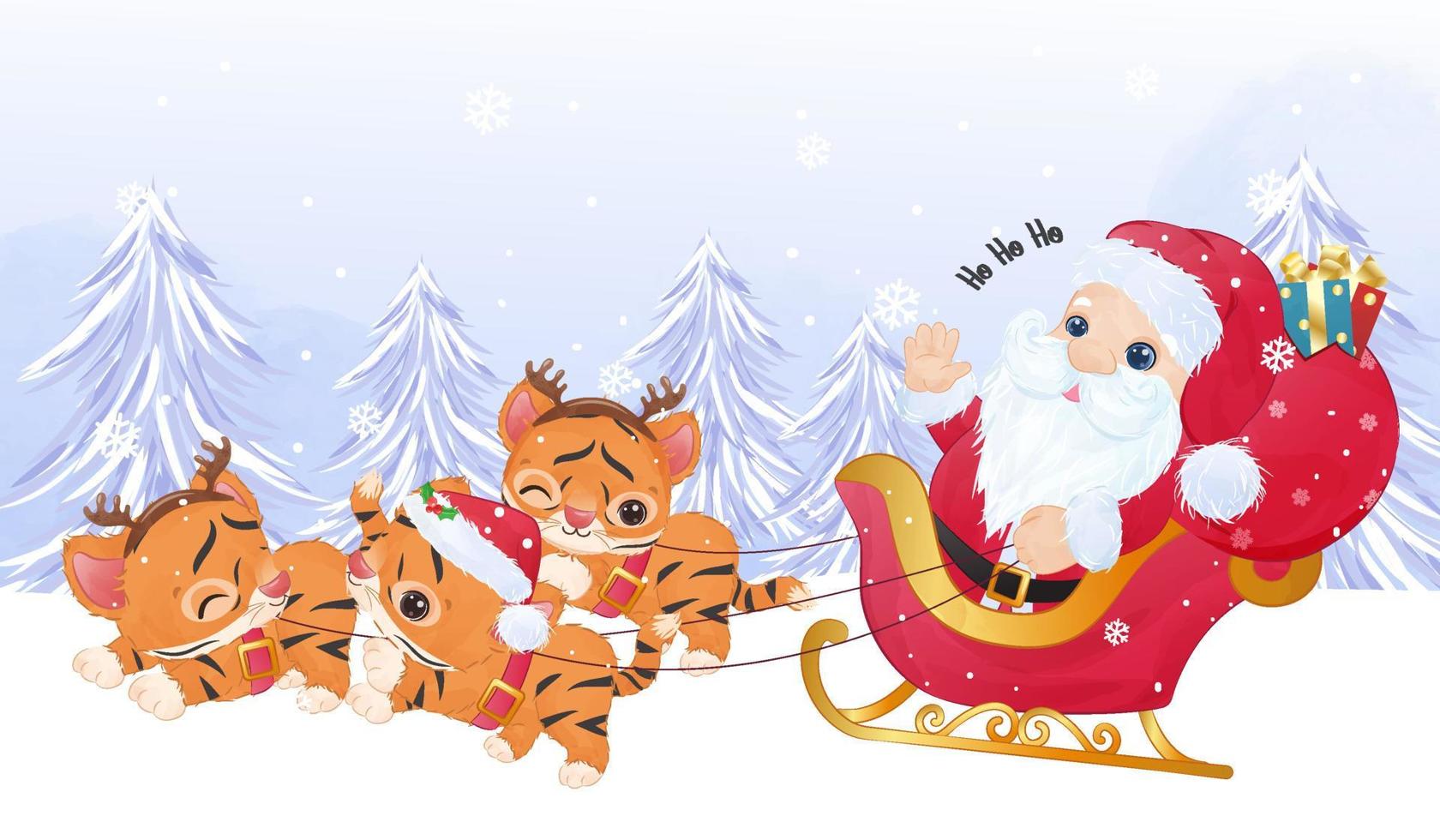 söt baby tiger och jultomte för juldekoration vektor
