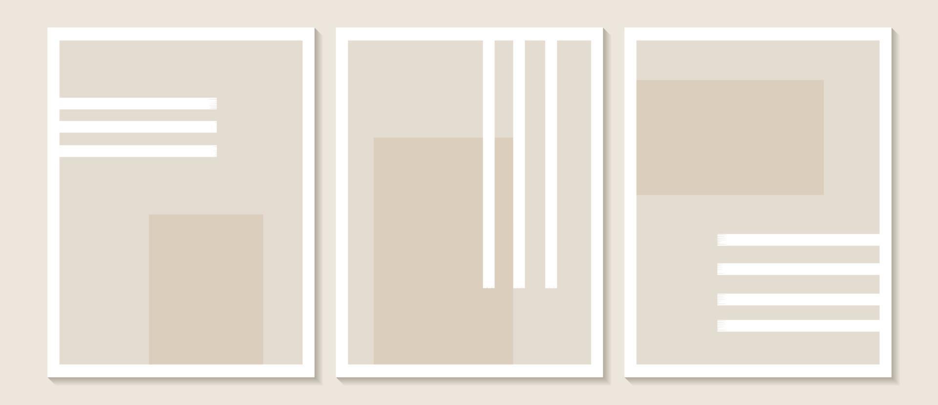 trendig modern abstrakt väggkonst, uppsättning av 3 boho -konsttryck, minimala svarta former på beige. kreativ geometrisk minimalistisk konstnärlig handmålad komposition från mitten av århundradet. vektor