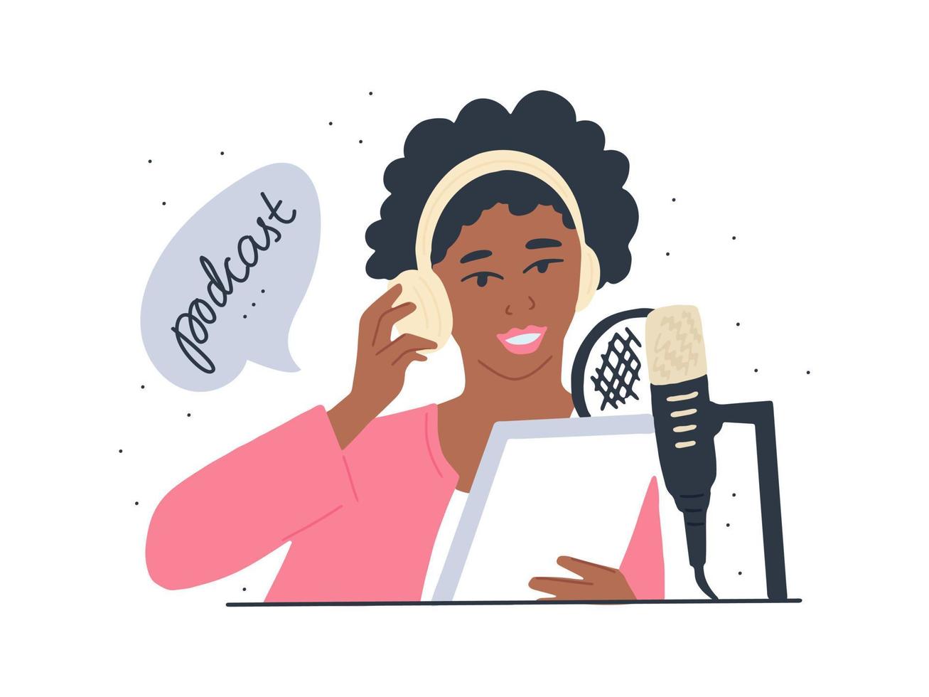 dunkelhäutige junge frau nimmt einen podcast auf. Eine Afroamerikanerin mit Kopfhörern und Mikrofon liest einen Audio-Podcast. Vektorgrafik bis zur Taille vektor