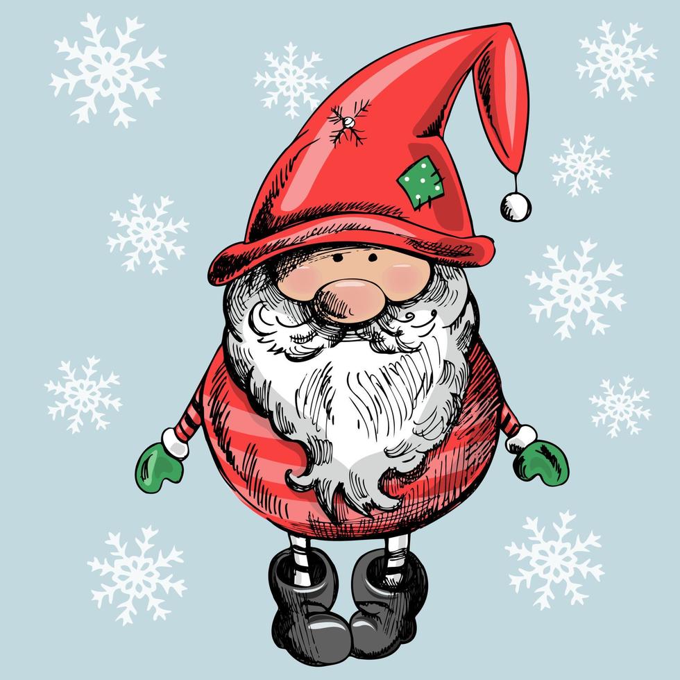 ein handgezeichneter gnome für neues jahr oder weihnachten mit schneeflocken auf blauem hintergrund. der skandinavische Gnom. Vintage-Vektor-Illustration. vektor