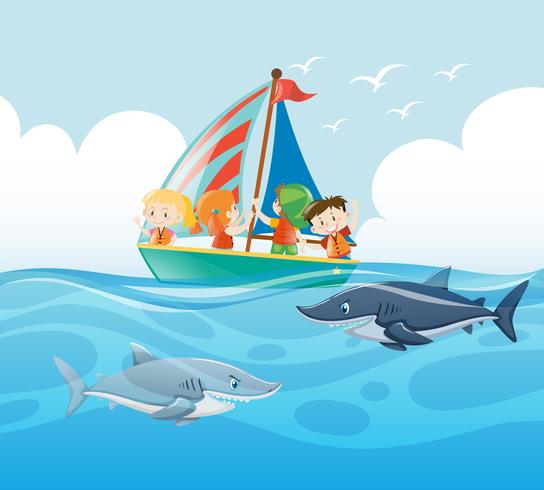 Barnen seglar och hajar simmar vektor