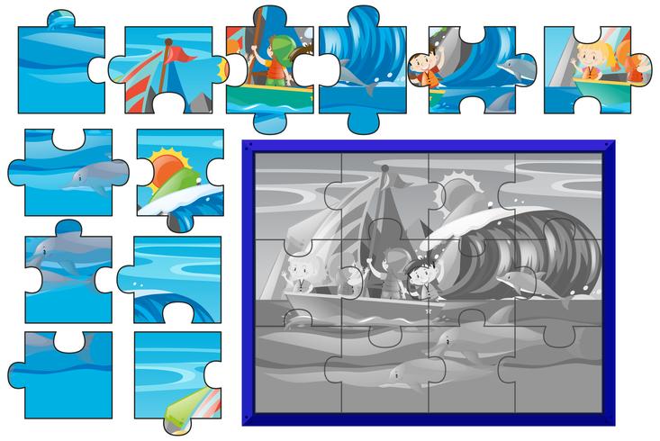 Puzzle-Spiel mit Kindern, die auf See segeln vektor