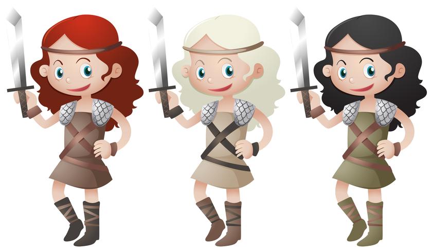 Tre kvinnliga krigare håller svärd vektor
