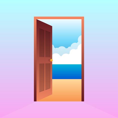 öppen dörr strandlandskap tecknad vektor illustration