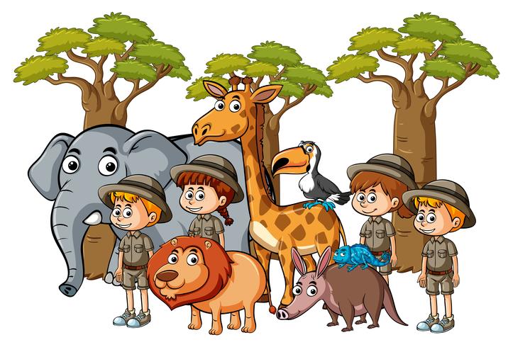 Viele Kinder und Tiere im Zoo vektor