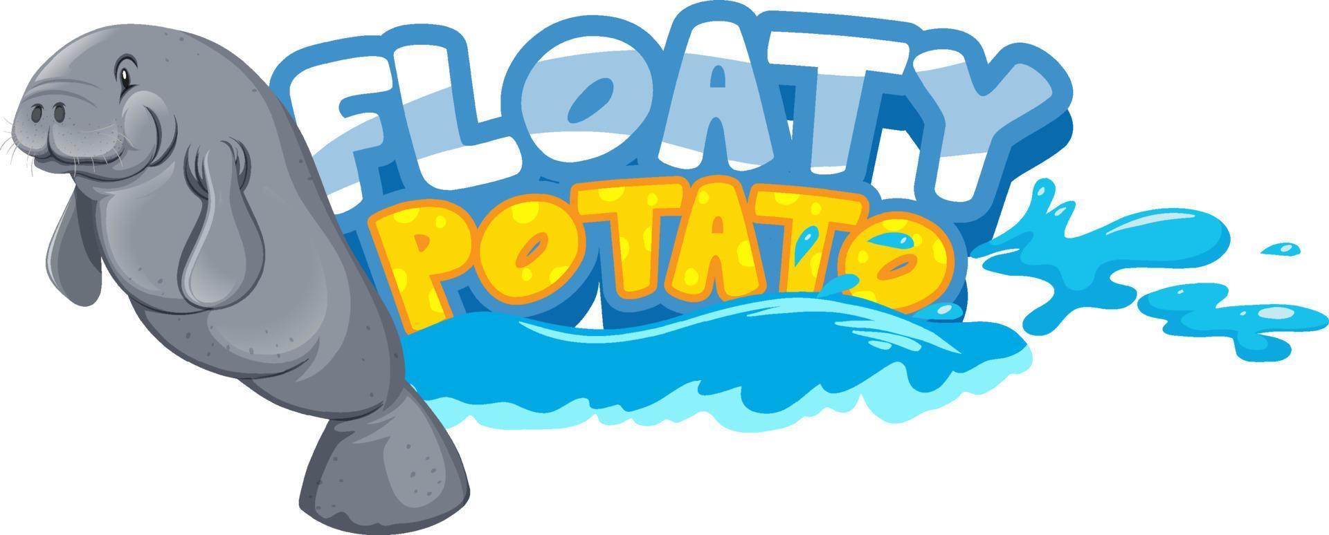 Floaty Potato Font Banner mit Seekuh oder Seekuh Zeichentrickfigur isoliert vektor