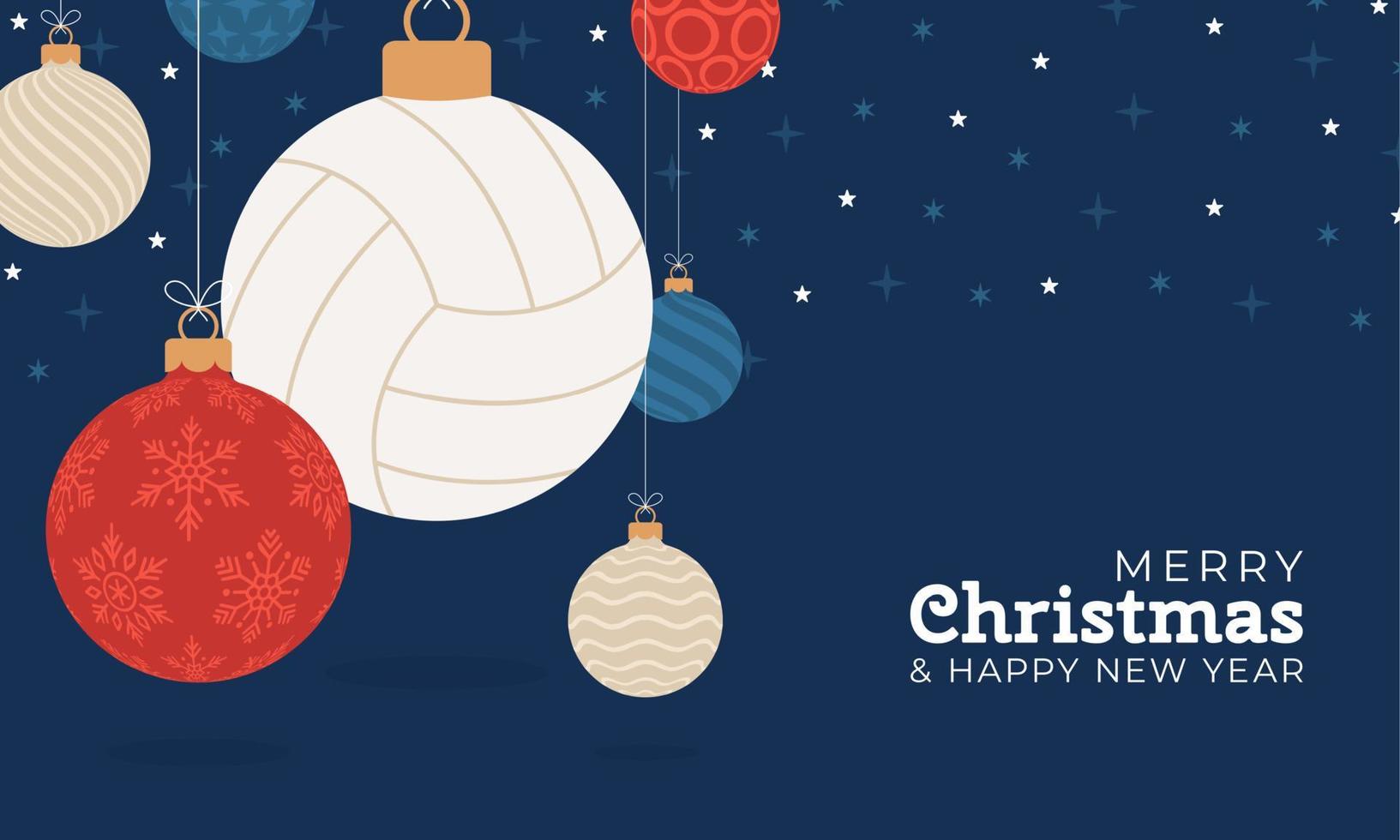 Volleyball-Weihnachtsgrußkarte. Frohe Weihnachten und ein glückliches neues Jahr flaches Cartoon-Sport-Banner. Volleyballball als Weihnachtsball im Hintergrund. Vektor-Illustration. vektor
