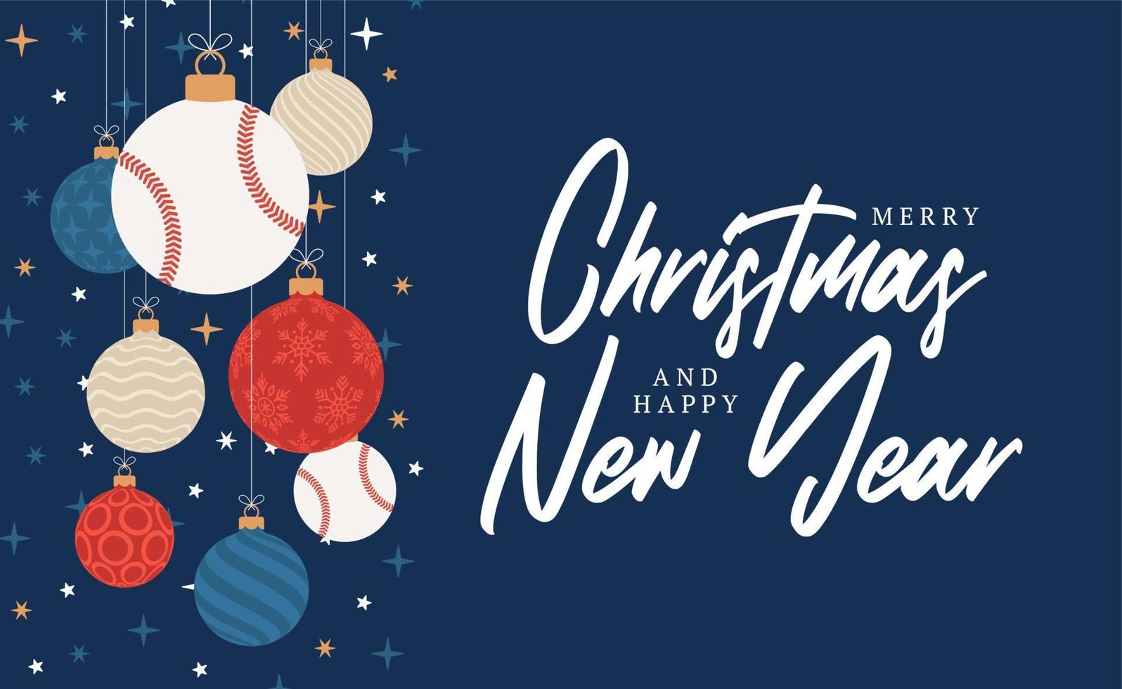 Baseball-Weihnachtsgrußkarte. Frohe Weihnachten und ein glückliches neues Jahr flaches Cartoon-Sport-Banner. Baseballball als Weihnachtsball im Hintergrund. Vektor-Illustration. vektor