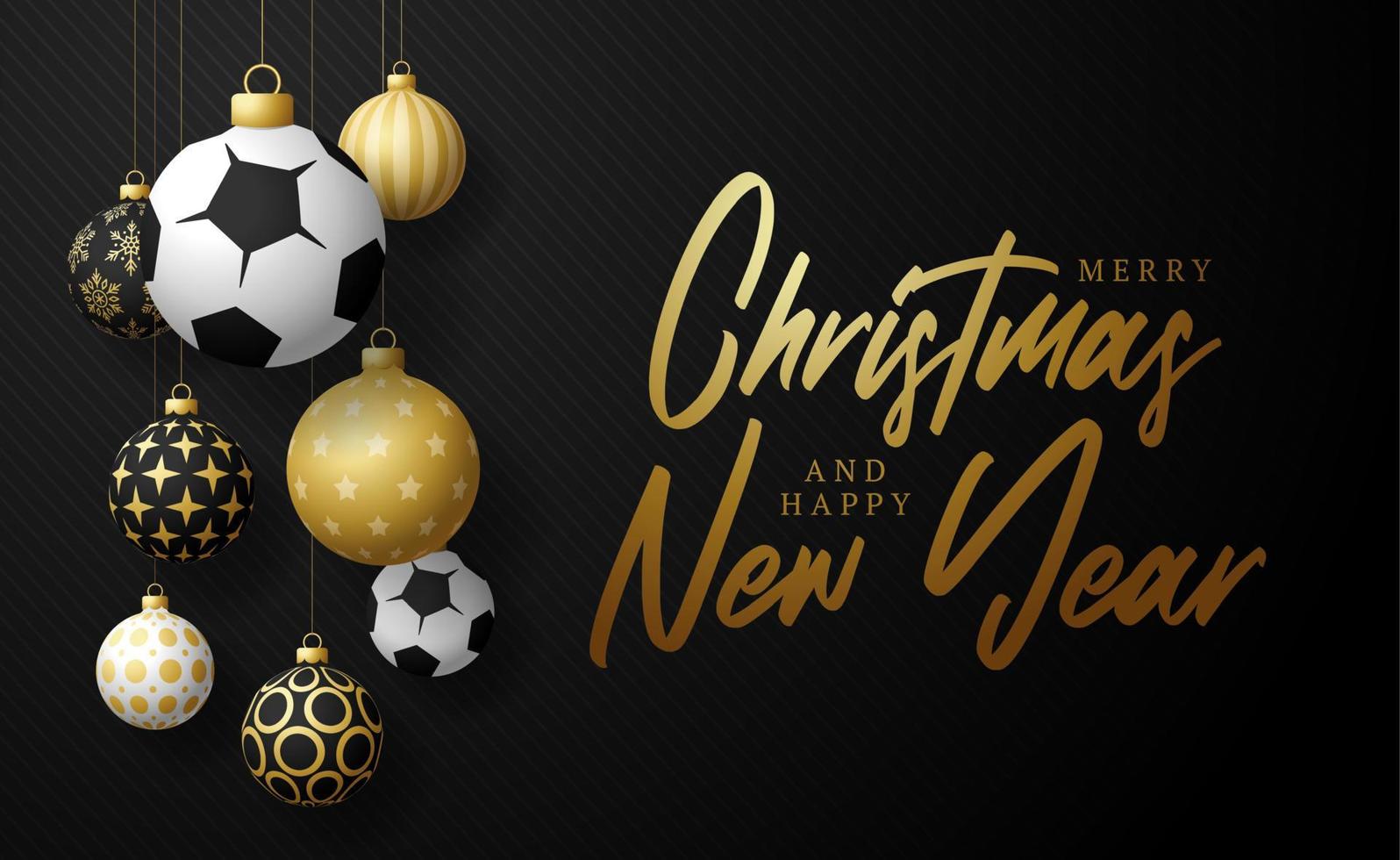 fotboll sport julkort. god jul sport gratulationskort. häng på en trådfotboll, fotboll som en julboll och gyllene kula på svart horisontell bakgrund. sport vektor illustration.
