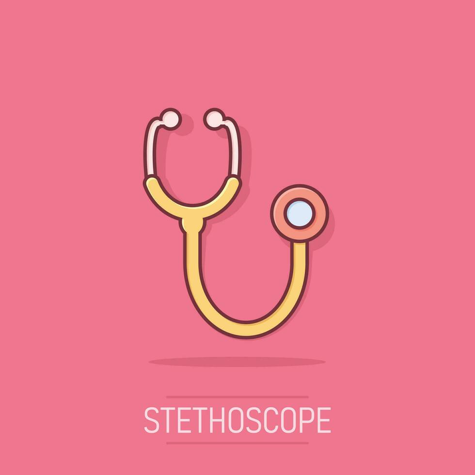 stetoskop tecken ikon i komisk stil. läkare medicinsk vektor tecknad serie illustration på vit isolerat bakgrund. sjukhus företag begrepp stänk effekt.