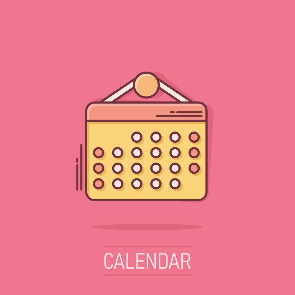 kalender arrangör ikon i komisk stil. utnämning händelse vektor tecknad serie illustration på isolerat bakgrund. månad deadline företag begrepp stänk effekt.