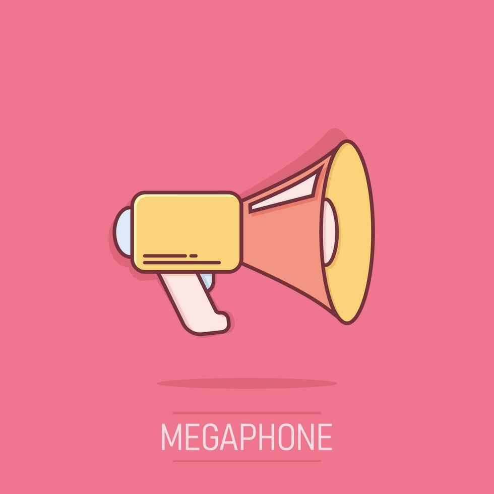 megafon högtalare ikon i komisk stil. megafon vektor tecknad serie illustration på isolerat bakgrund. skrika meddelande företag begrepp stänk effekt.