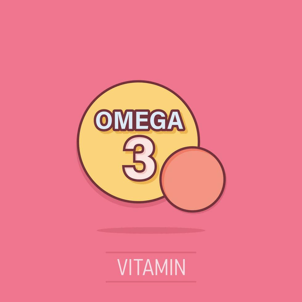 omega 3 ikon i komisk stil. piller kapsel tecknad serie vektor illustration på isolerat bakgrund. organisk vitamin näringsämne olja fisk stänk effekt företag begrepp.