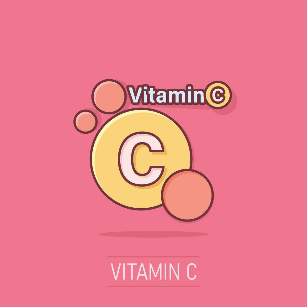 vitamin c ikon i komisk stil. piller kapsel tecknad serie vektor illustration på isolerat bakgrund. läkemedel stänk effekt företag begrepp.