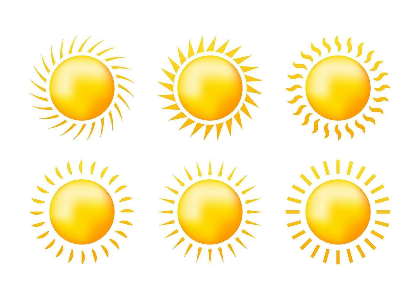 skiss uppsättning gul Sol på vit bakgrund. abstrakt ljus. sommar objekt. vektor illustration.