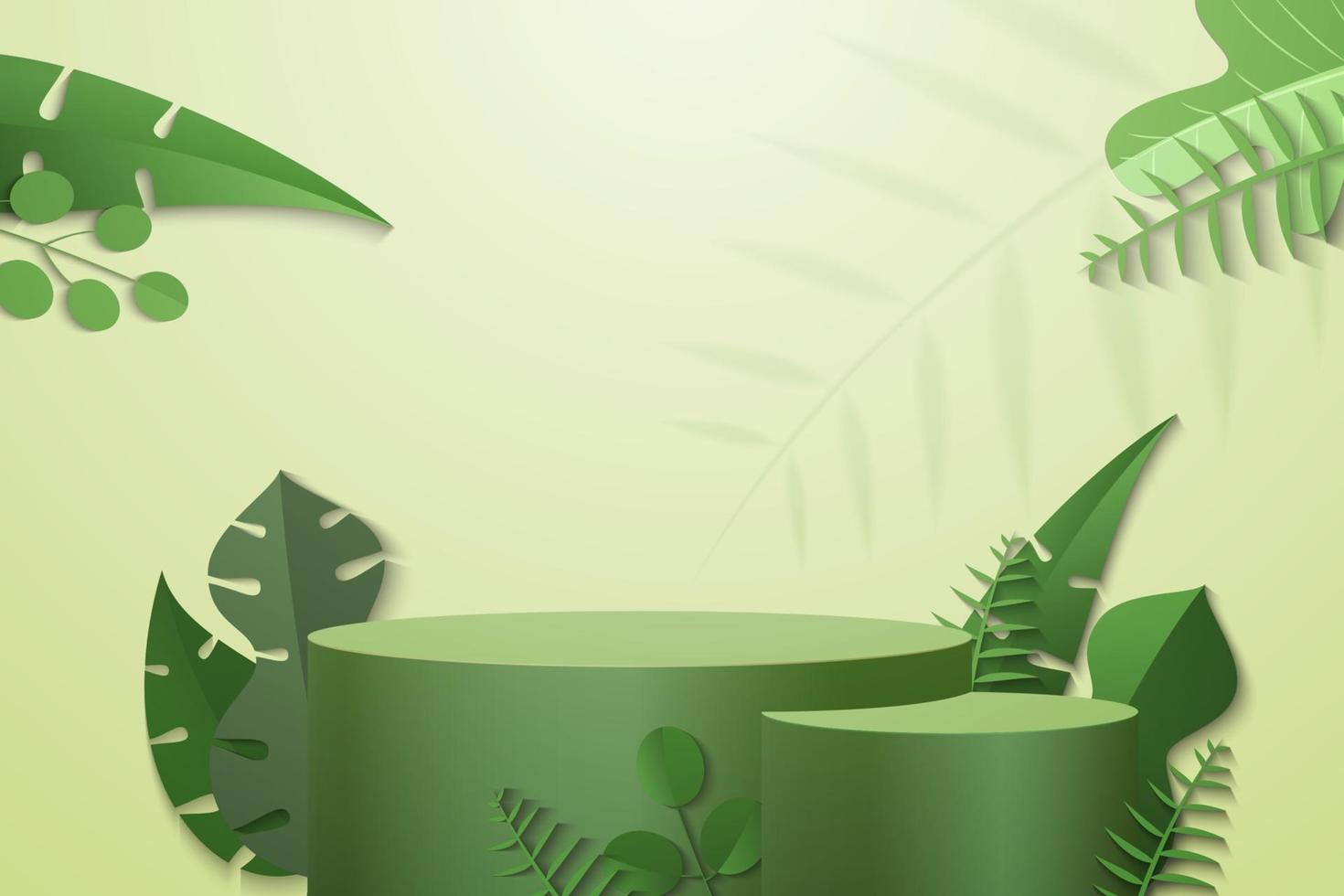 Zylinderpodest in grünem Hintergrund mit grünen Pflanzenblättern vektor