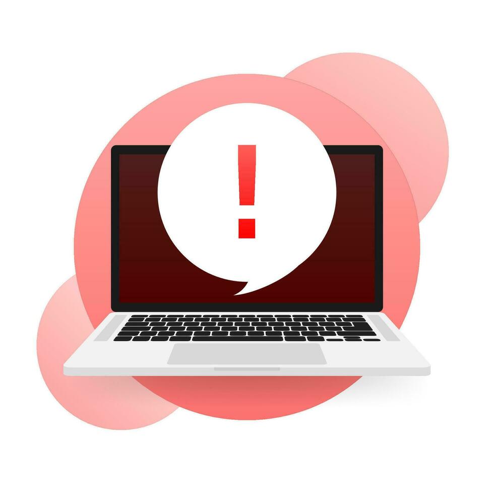 Laptop mit Achtung Zeichen auf Bildschirm auf rot Hintergrund. Vektor Illustration.
