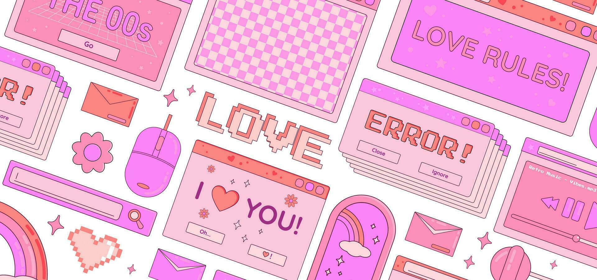 Valentinstag Tag y2k Banner mit retro Computer Desktop Fenster, Regenbogen, Lutscher, Blumen und Pixel Herz Symbole auf ein Weiß Hintergrund. Vektor Illustration.